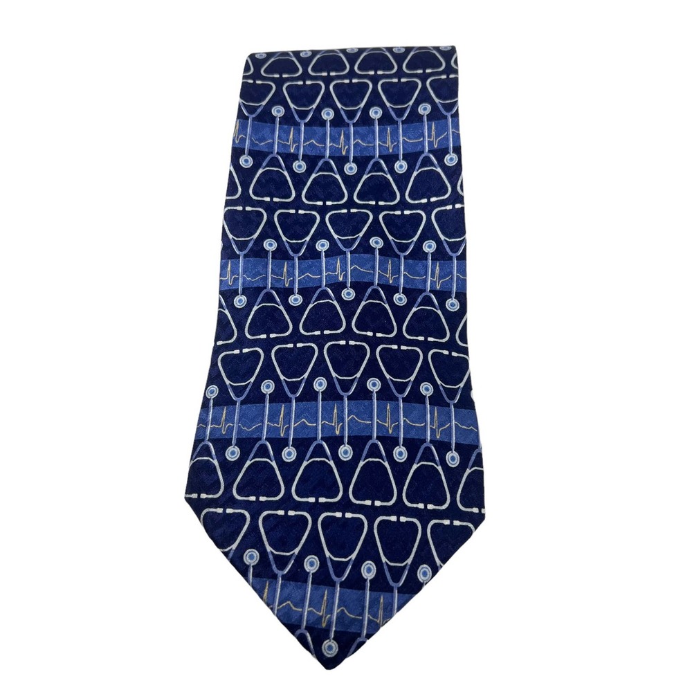 Men's Blue Silk Necktie Stethoscope Heartbeat "Sounds Good" Medical Fashions